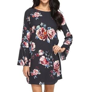 Everly Black Floral Sheath Dress with Bell Sleeves, Great for any season. Size S